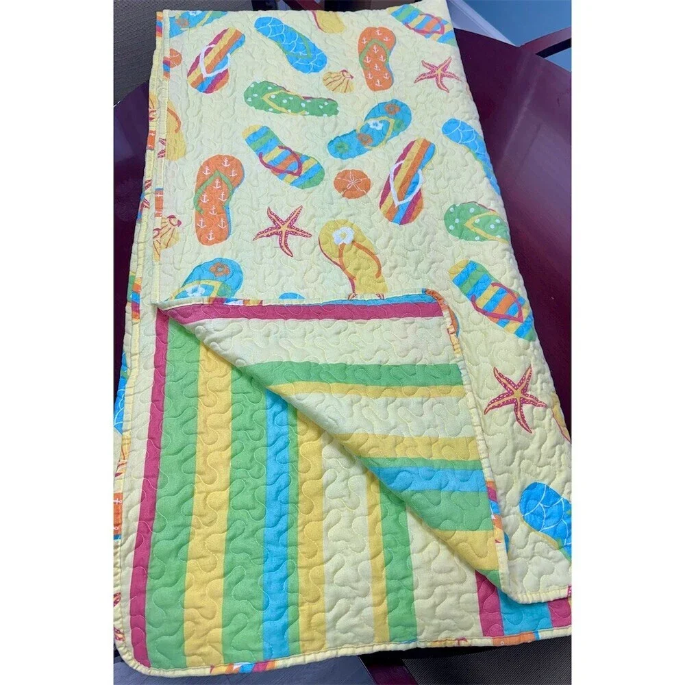C & F Quilt Set Full/Queen Multicolor Coastal Flip Flop Beach W/Matching Shams